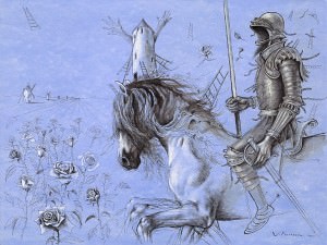 Don Quijote con alma búlgara. Rocinante II. Tinta china y lápiz blanco, 60 x 80 cm. 2005